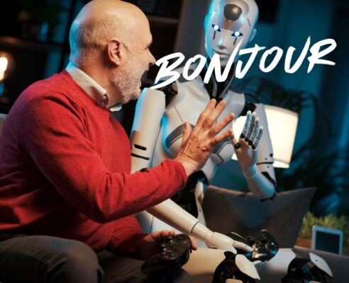 A modern AI chatbot interface displaying English and French text, symbolizing bilingual communication in Canada.