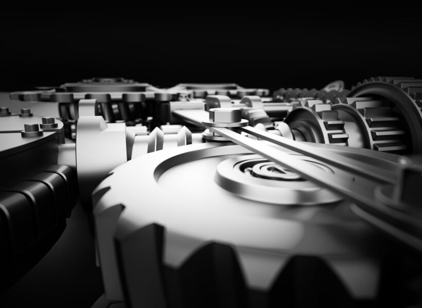 Gears and cogs mechanism. Industrial machine, engine. Close-up macro. Black and white 3D illustration